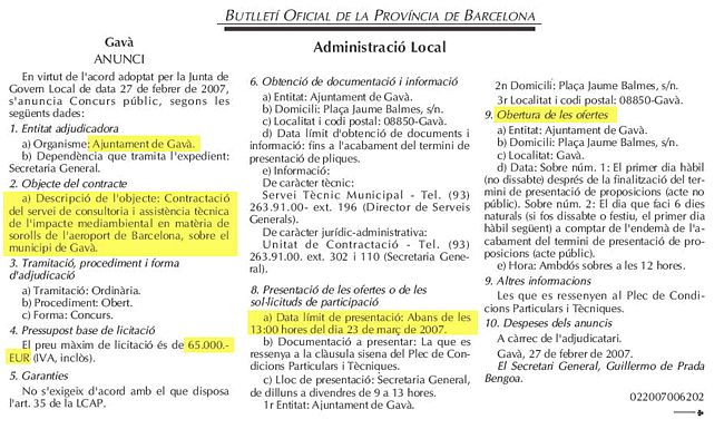 Anunci de l'Ajuntament de Gav&agrave; per la contractaci&oacute; del servei de consultoria i assist&egrave;ncia t&egrave;cnica de l'impacte mediambiental en mat&egrave;ria de sorolls de l'aeroport de Barcelona sobre el municipi de Gav&agrave; (7 de Mar&ccedil; de 2007)